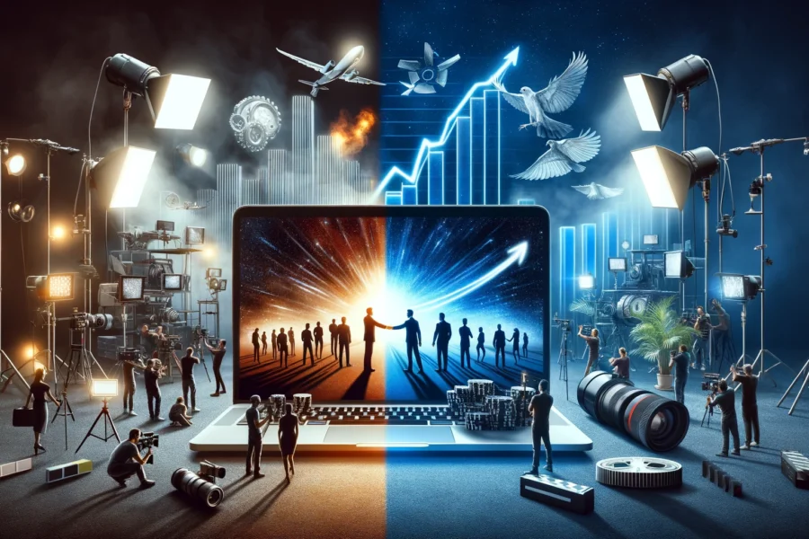 split image depicting the video production process and its impact: On the left, a behind-the-scenes look at a video shoot with blurred lighting, cameras, actors, and crew, with a laptop in the foreground showing a finished commercial