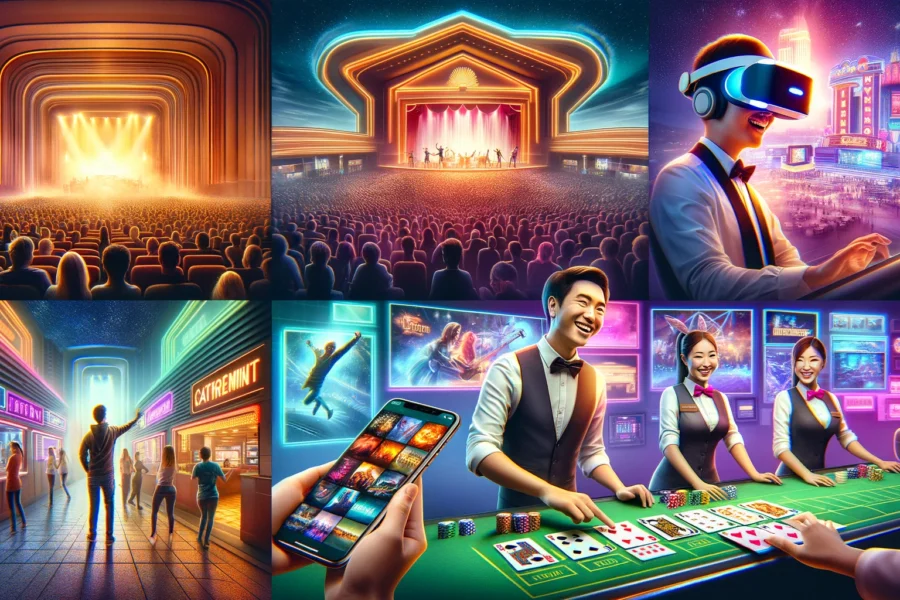 A vibrant collage representing various elements of a captivating casino entertainment strategy: live concert, VR gaming, customer service, social media engagement, and group enjoyment.