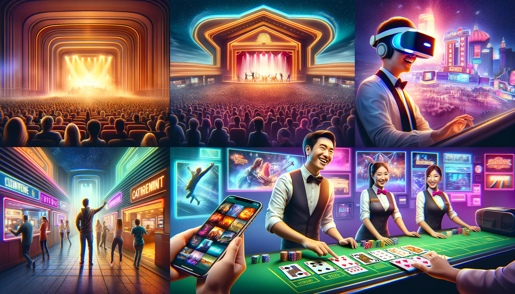 A vibrant collage representing various elements of a captivating casino entertainment strategy: live concert, VR gaming, customer service, social media engagement, and group enjoyment.