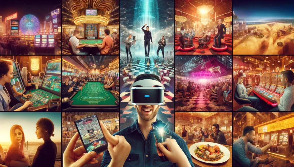 Vibrant casino floor with VR gaming, people using smartphones, live music performance, themed attraction, gourmet meal, and friends playing poker.