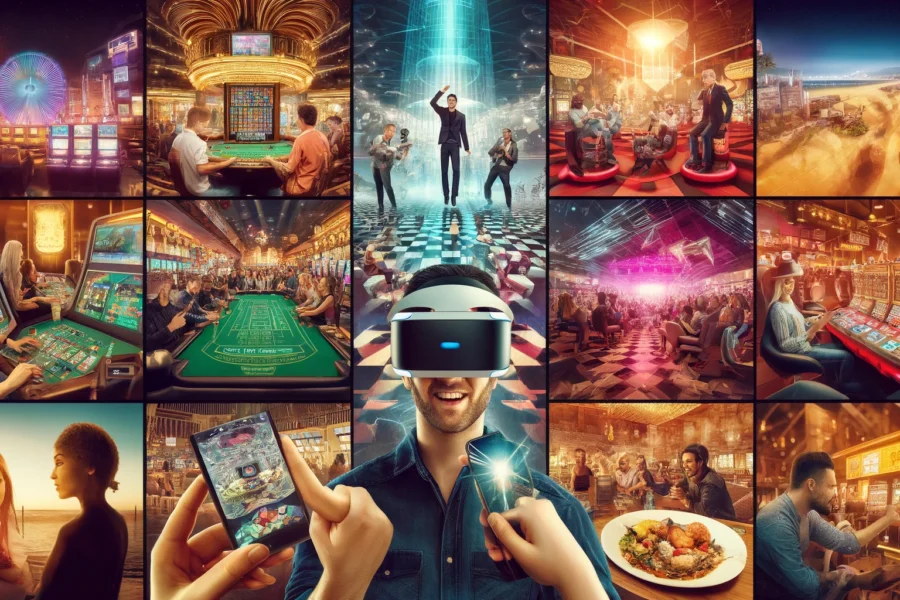 Vibrant casino floor with VR gaming, people using smartphones, live music performance, themed attraction, gourmet meal, and friends playing poker.