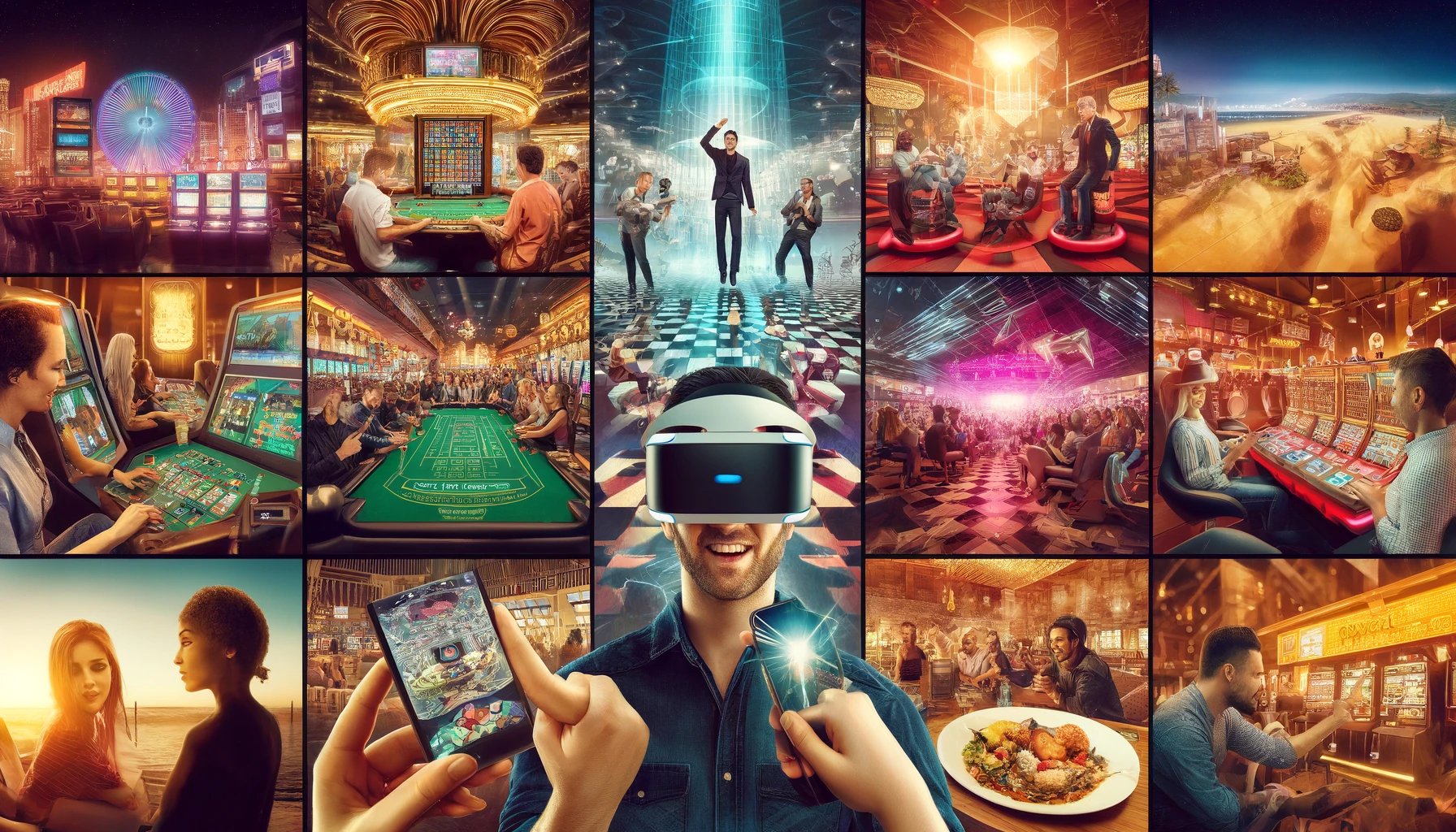 Vibrant casino floor with VR gaming, people using smartphones, live music performance, themed attraction, gourmet meal, and friends playing poker.