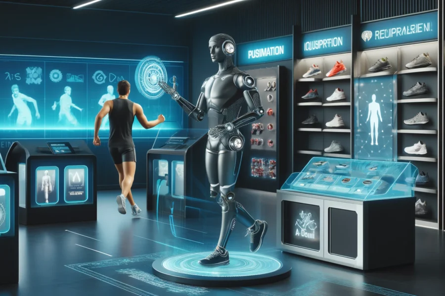 A futuristic retail store with a robotic salesperson on the left, and a human athlete in action on the right, highlighting the synergy between AI and human needs.