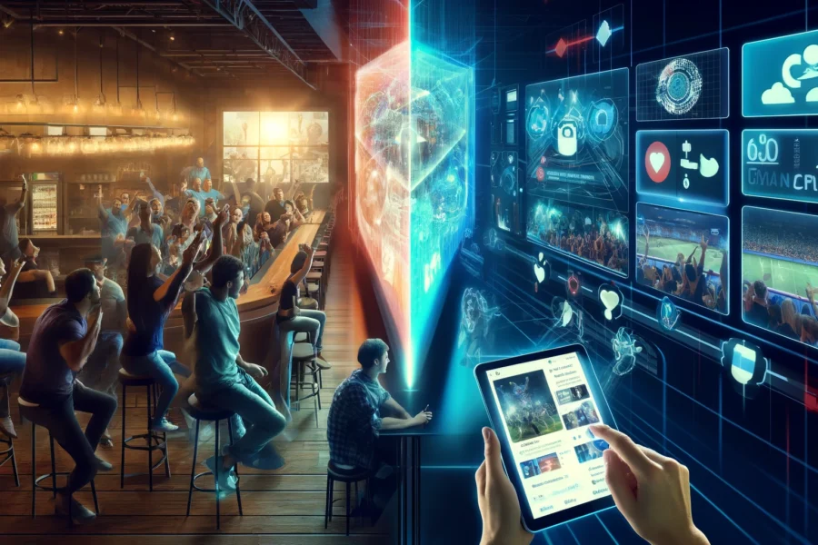 Futuristic sports bar with patrons cheering at a holographic screen and interacting via tablets with a social media-connected experience.