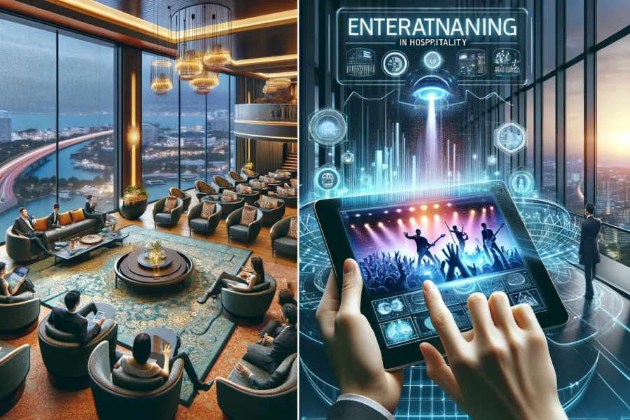 Luxurious hotel lobby with guests exploring holographic entertainment options and a futuristic concert displayed on a tablet.