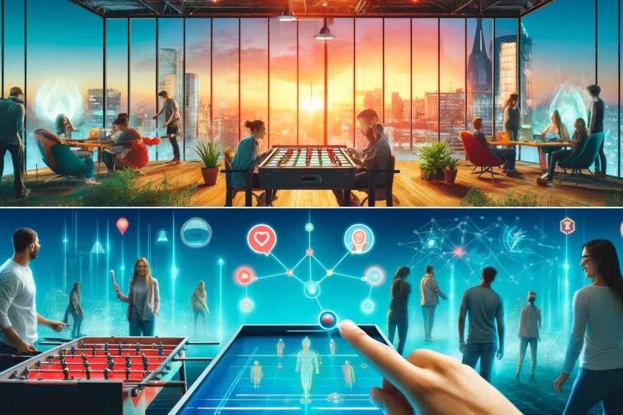 Modern office entertainment zone with employees playing holographic air hockey and using VR headsets, against a cityscape at sunset.