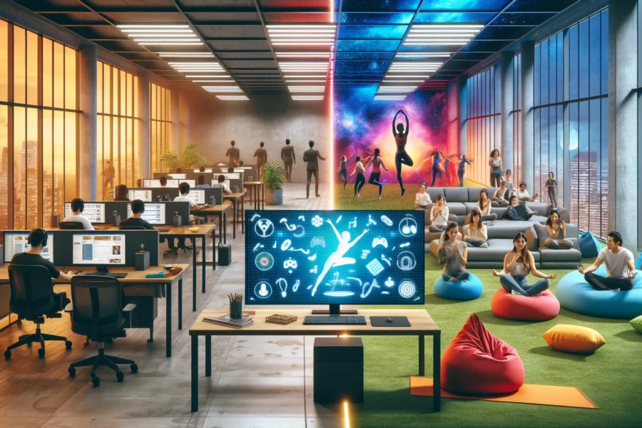 Split-screen image: left side shows a dull office with bored employees; right side vibrant with VR games, live music, and yoga.