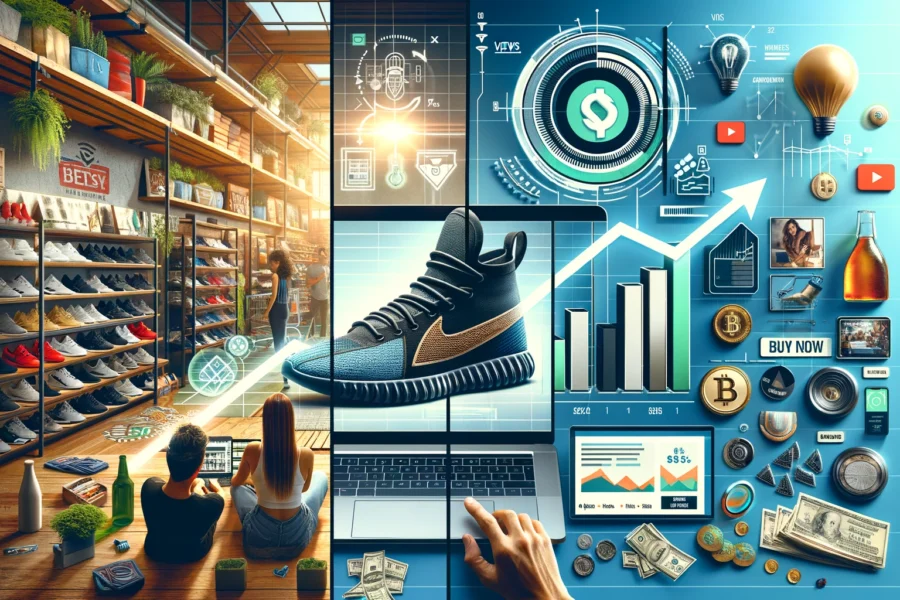 Horizontal image showing commercial video programming's revenue impact, featuring split-screen product viewing, revenue graphs, video analytics, and content formats.