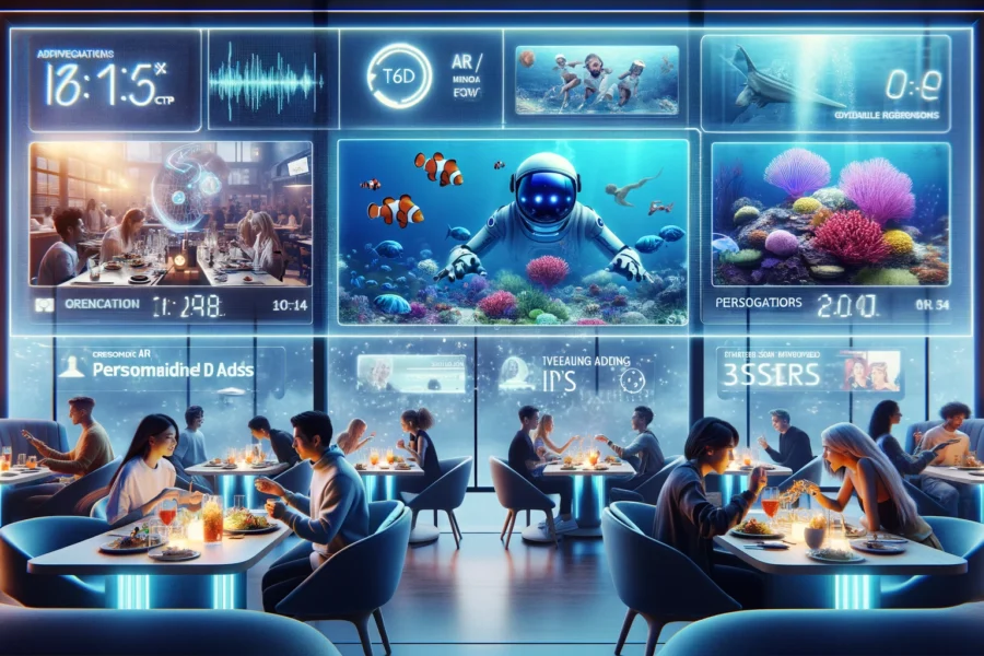 Futuristic restaurant scene with AR clothing, holographic displays, interactive TV screens, and a holographic trivia game, highlighting advanced dining technology.