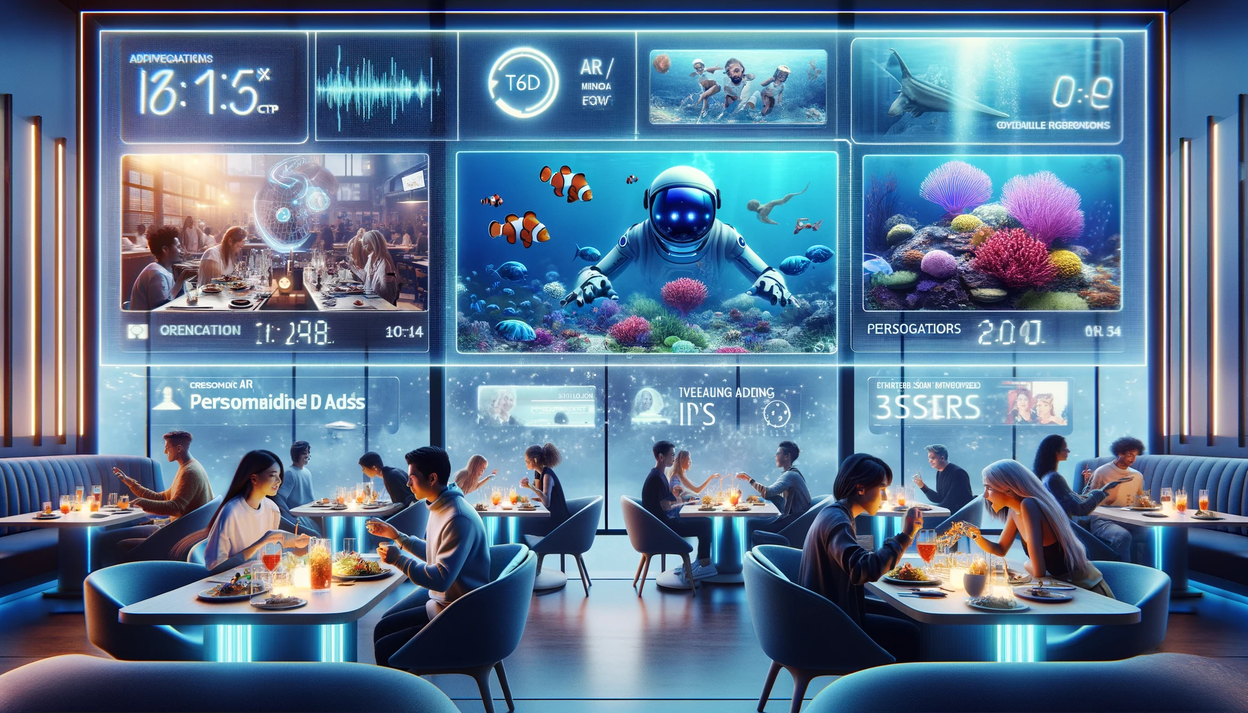 Futuristic restaurant scene with AR clothing, holographic displays, interactive TV screens, and a holographic trivia game, highlighting advanced dining technology.