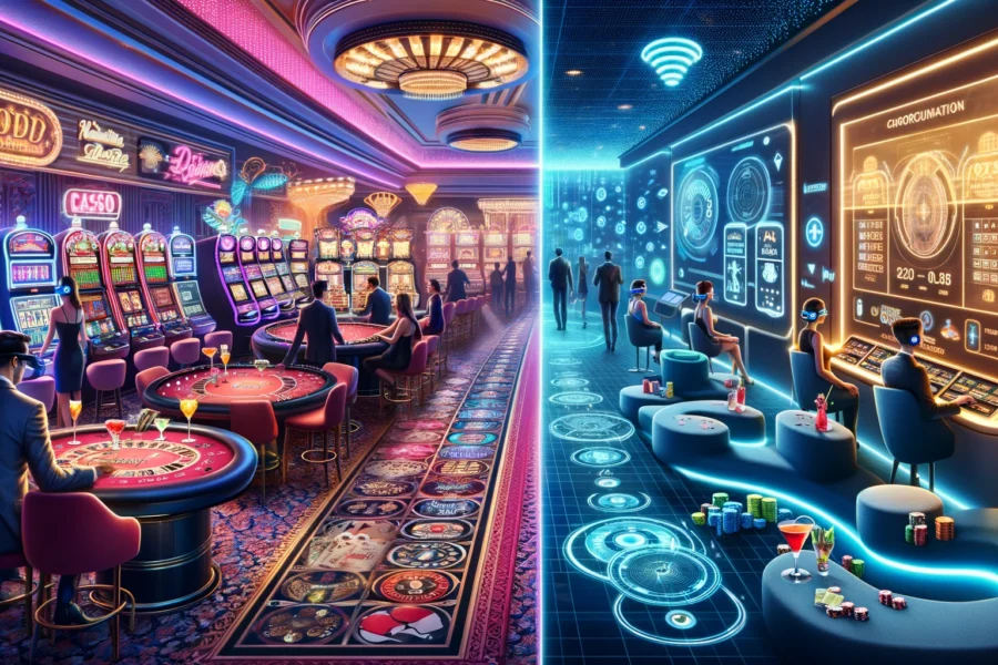 A split image of a classic casino with slot machines and poker tables on the left, and a futuristic casino with AR headsets, holographic games, and AI-powered features on the right.