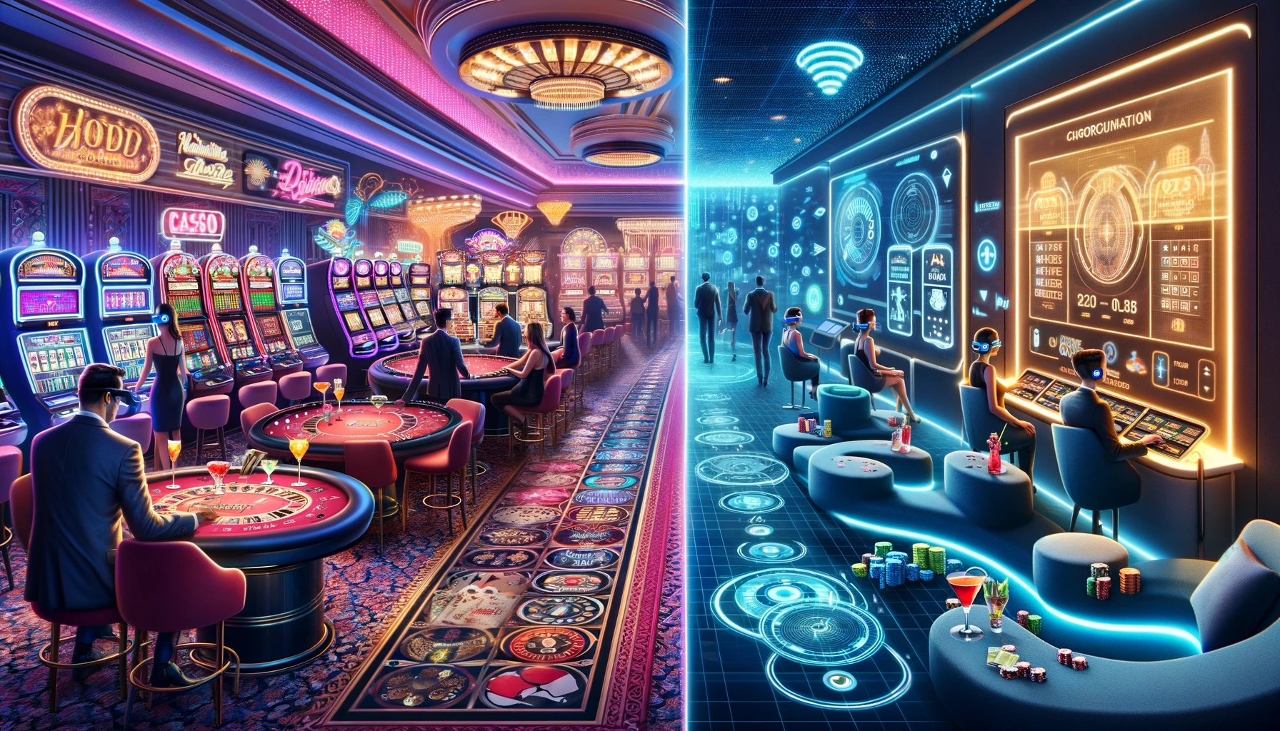A split image of a classic casino with slot machines and poker tables on the left, and a futuristic casino with AR headsets, holographic games, and AI-powered features on the right.