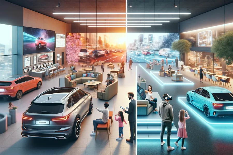 Split-screen image: Left, a traditional car showroom with a lone customer. Right, an interactive dealership with VR test drives, touch-screen displays, cafes, and family areas.