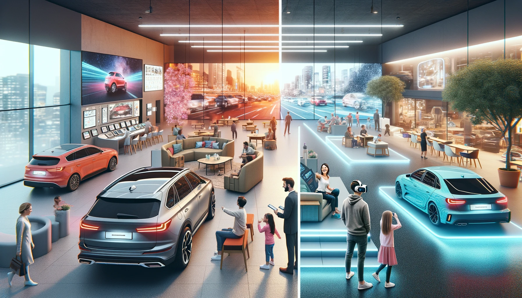 Split-screen image: Left, a traditional car showroom with a lone customer. Right, an interactive dealership with VR test drives, touch-screen displays, cafes, and family areas.