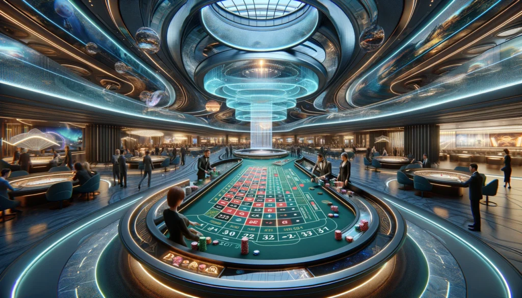 A futuristic casino interior with a holographic gaming table, people interacting with AI assistants, curved metallic architecture, glowing accents, and immersive display screens.
