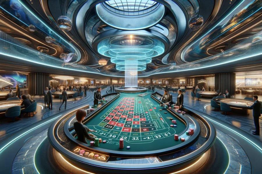 A futuristic casino interior with a holographic gaming table, people interacting with AI assistants, curved metallic architecture, glowing accents, and immersive display screens.