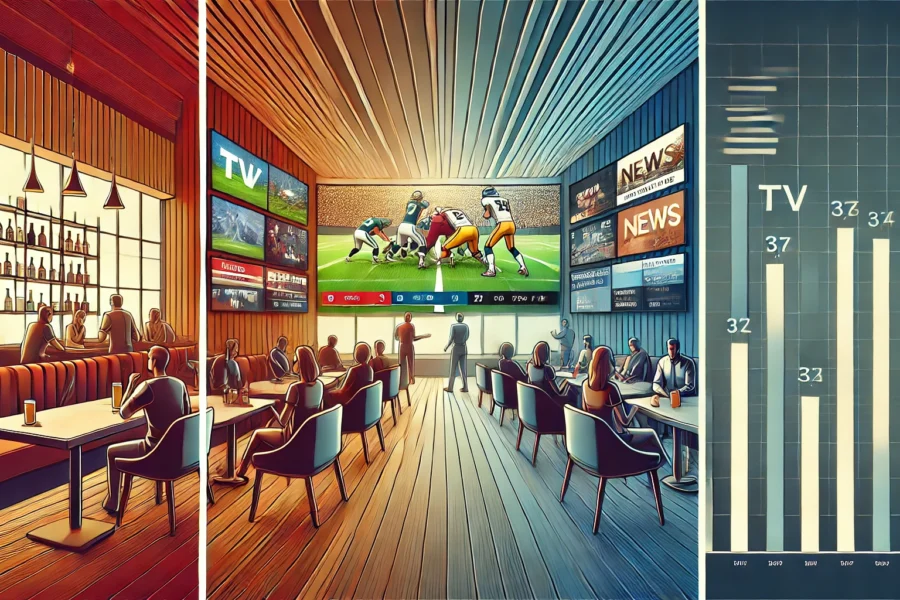 A divided image showing a lively sports bar with patrons cheering at a football game, a modern hotel room with in-room entertainment, and a gym with TVs displaying news and fitness channels.