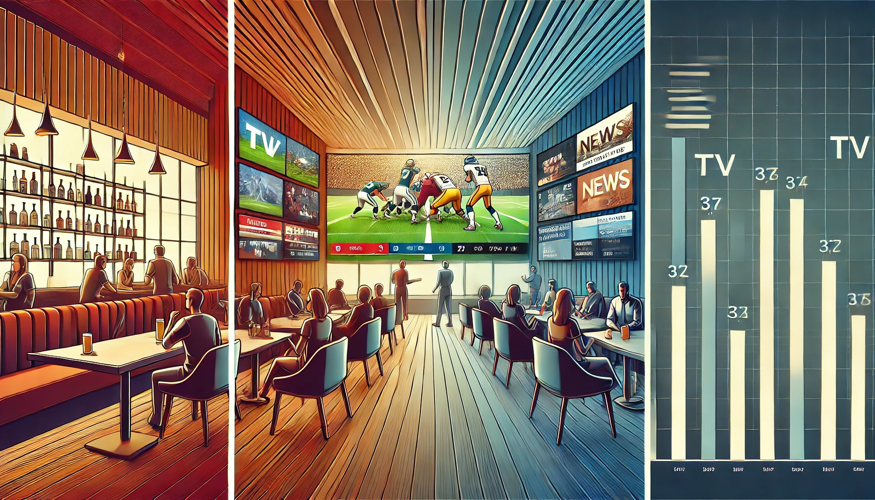 A divided image showing a lively sports bar with patrons cheering at a football game, a modern hotel room with in-room entertainment, and a gym with TVs displaying news and fitness channels.