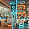 A futuristic office split into work and play zones. Work zone: employees at holographic displays with AI assistants. Play zone: holographic gaming, AI massage chairs, and a mindfulness room.