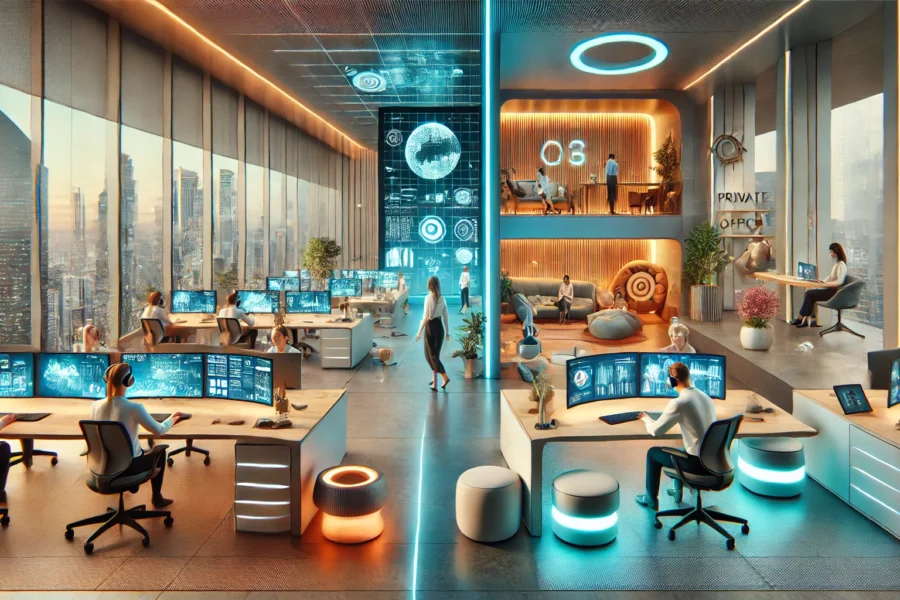 A futuristic office split into work and play zones. Work zone: employees at holographic displays with AI assistants. Play zone: holographic gaming, AI massage chairs, and a mindfulness room.