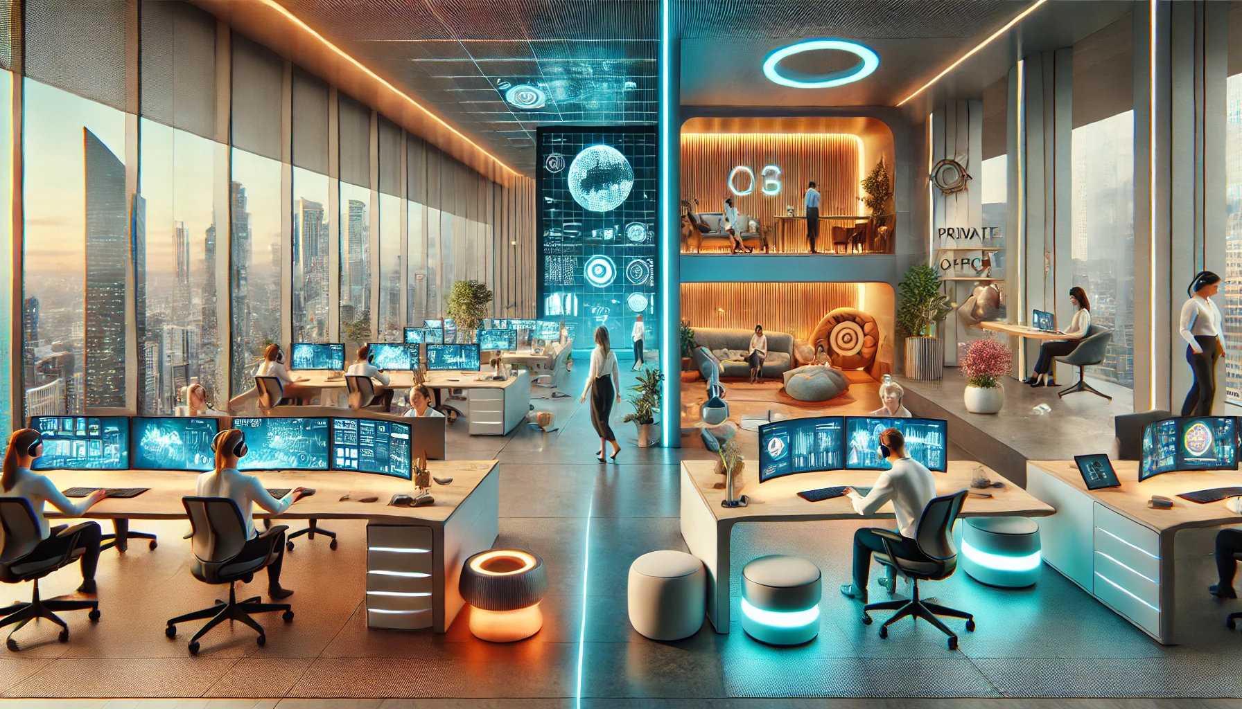 A futuristic office split into work and play zones. Work zone: employees at holographic displays with AI assistants. Play zone: holographic gaming, AI massage chairs, and a mindfulness room.