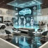 A futuristic car dealership showroom with sleek, minimalist furniture, holographic displays showcasing vehicles, and AI elements like robots interacting with customers.