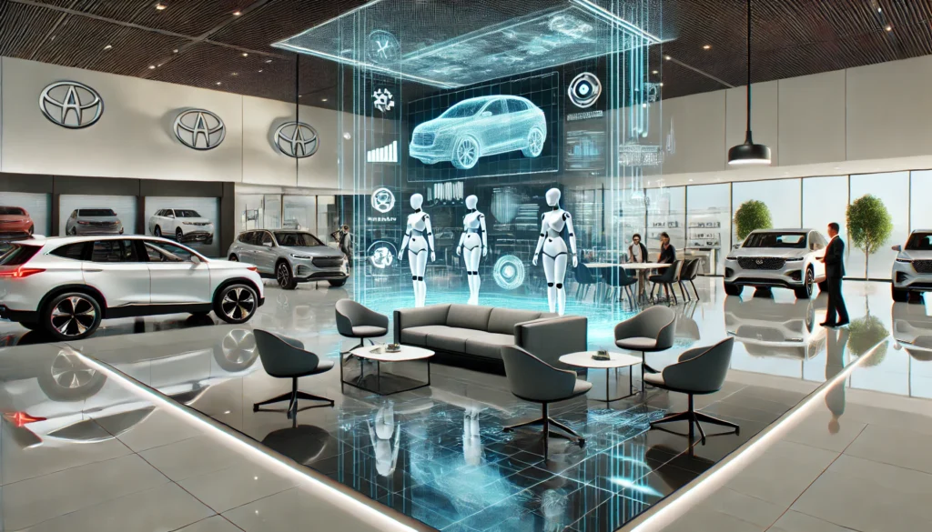 A futuristic car dealership showroom with sleek, minimalist furniture, holographic displays showcasing vehicles, and AI elements like robots interacting with customers.