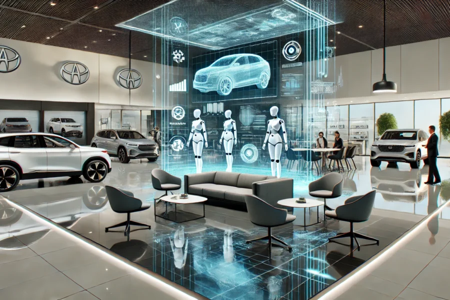 A futuristic car dealership showroom with sleek, minimalist furniture, holographic displays showcasing vehicles, and AI elements like robots interacting with customers.