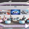 Futuristic dealership showroom with digital screens displaying car videos, a pathway connecting to a service bay with technicians working, and customers interacting positively. No text present.