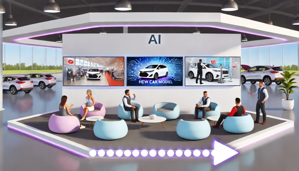 Futuristic dealership showroom with digital screens displaying car videos, a pathway connecting to a service bay with technicians working, and customers interacting positively. No text present.