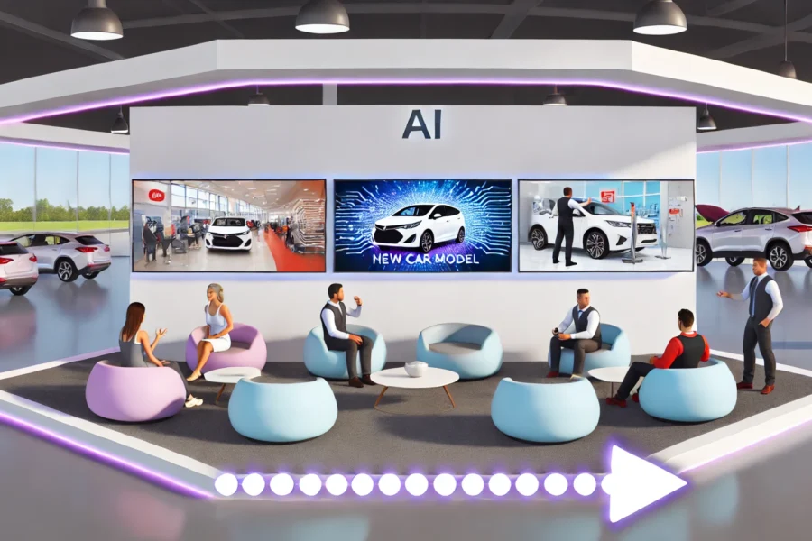 Futuristic dealership showroom with digital screens displaying car videos, a pathway connecting to a service bay with technicians working, and customers interacting positively. No text present.