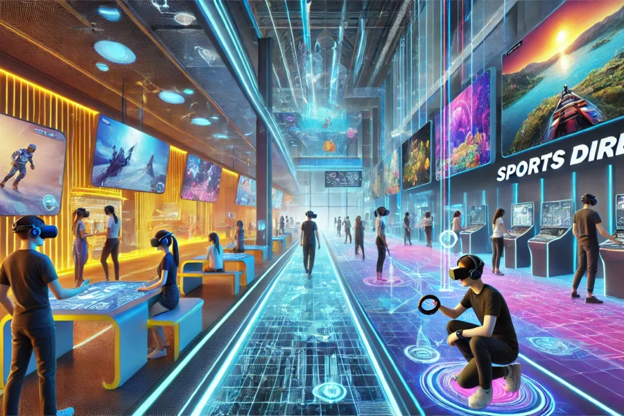 Futuristic entertainment zones: VR area with people using headsets, interactive hallway with holographic displays, and a product display area with touchscreens and gesture-controlled games.