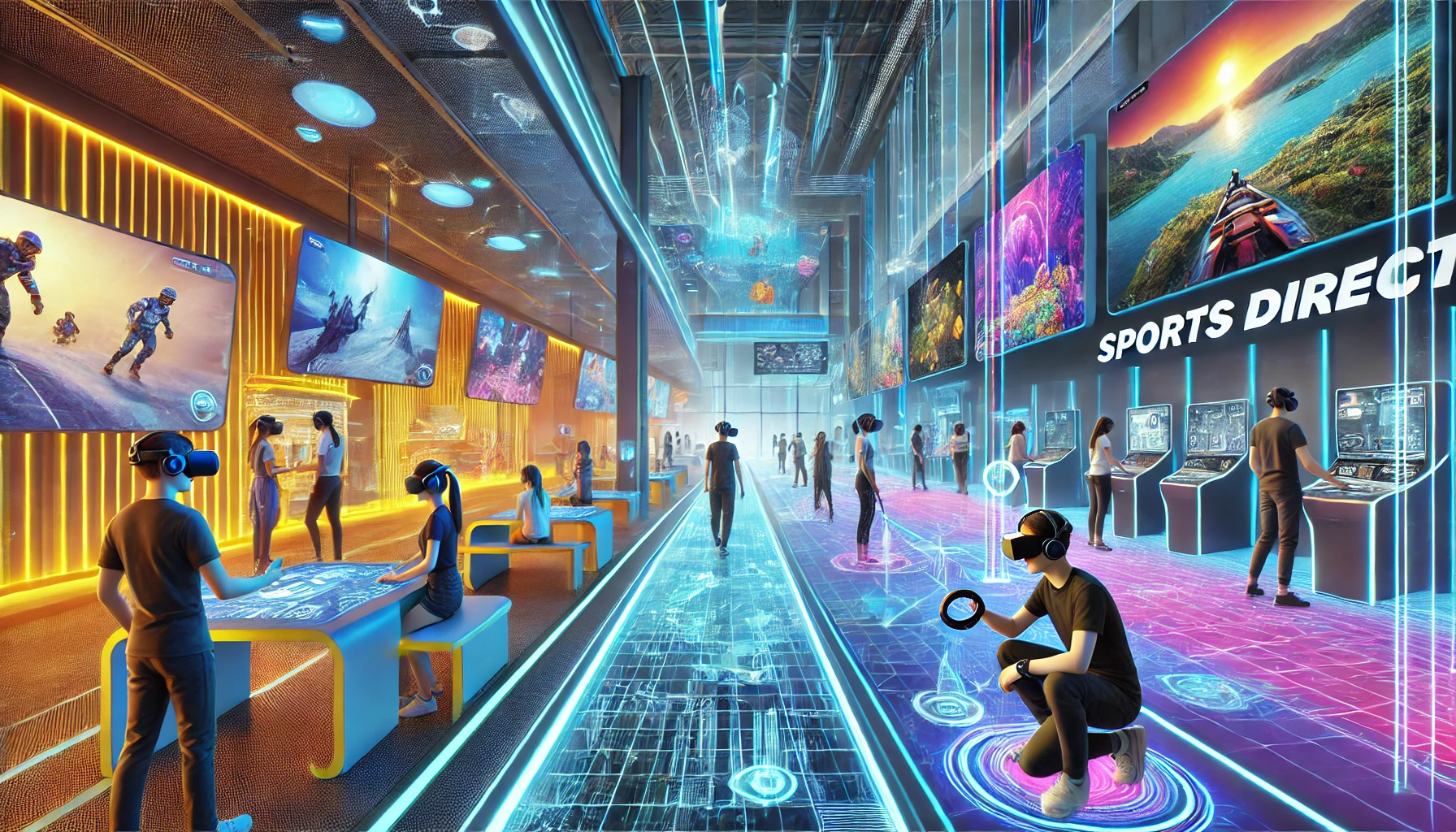 Futuristic entertainment zones: VR area with people using headsets, interactive hallway with holographic displays, and a product display area with touchscreens and gesture-controlled games.