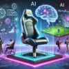 A futuristic gaming scene with a holographic display above a gaming chair, diverse players in AR headsets, and an AI brain with glowing neural connections. Neon purples and blues background.