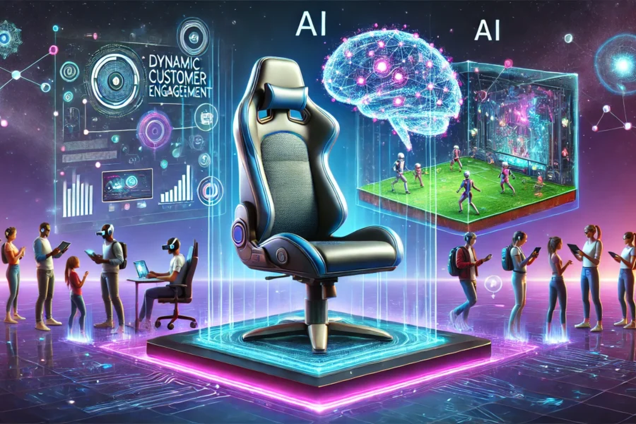 A futuristic gaming scene with a holographic display above a gaming chair, diverse players in AR headsets, and an AI brain with glowing neural connections. Neon purples and blues background.