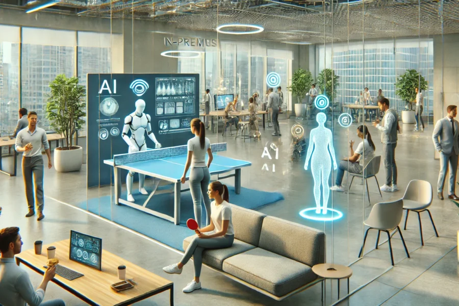 A modern, open-plan office with employees enjoying AI-powered fitness machines, holographic entertainment, and a table tennis game with a robotic umpire. Futuristic and collaborative.