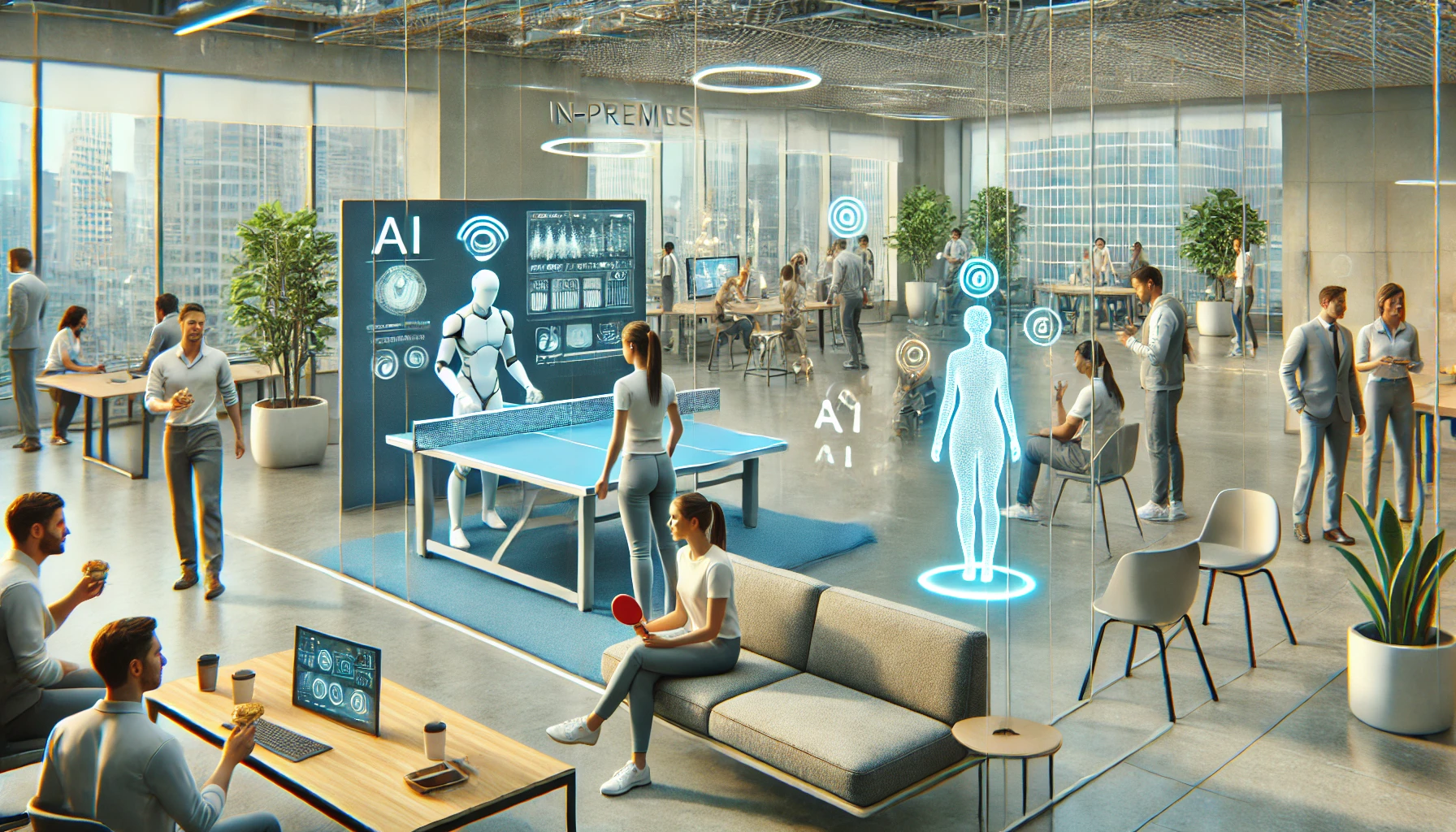 A modern, open-plan office with employees enjoying AI-powered fitness machines, holographic entertainment, and a table tennis game with a robotic umpire. Futuristic and collaborative.