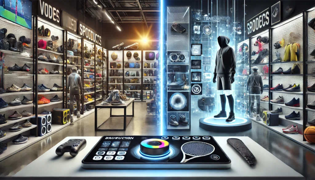 A split image of sporting goods: the left side is flat and uninviting, the right side has dynamic holographic displays for virtual interaction. A transparent control panel with holographic buttons is in the foreground.