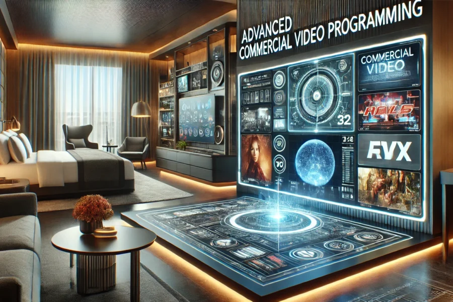 A futuristic hotel room with advanced video programming, featuring a large flat-screen TV displaying various entertainment options, modern furniture, and high-tech gadgets.