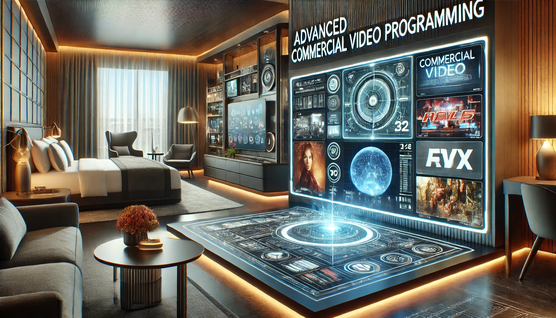 A futuristic hotel room with advanced video programming, featuring a large flat-screen TV displaying various entertainment options, modern furniture, and high-tech gadgets.