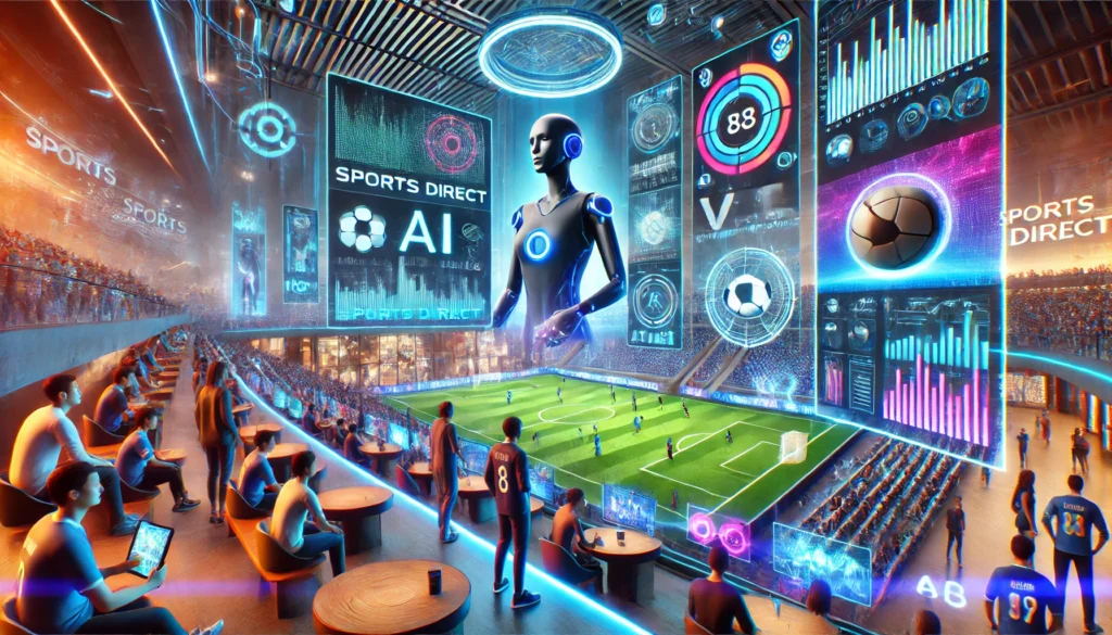 A futuristic sports venue with AI-powered virtual assistants, VR headsets for immersive experiences, and AR displays showing real-time statistics. Patrons engage with advanced technology and interactive displays.