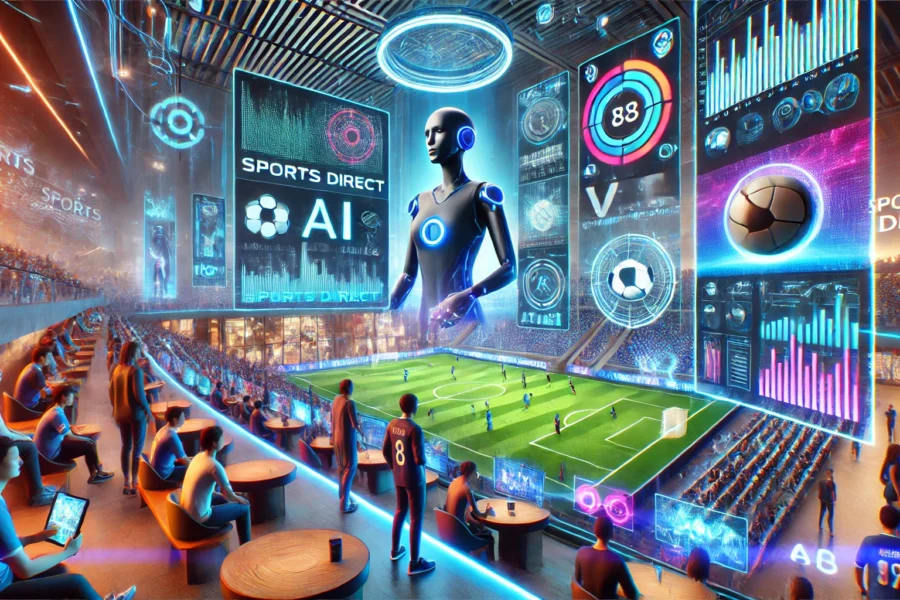 A futuristic sports venue with AI-powered virtual assistants, VR headsets for immersive experiences, and AR displays showing real-time statistics. Patrons engage with advanced technology and interactive displays.