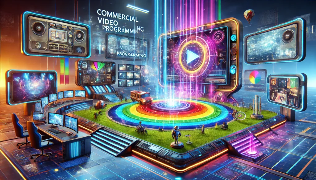 A digital art depicting a futuristic video production environment, featuring a central control desk surrounded by colorful screens and programming elements.