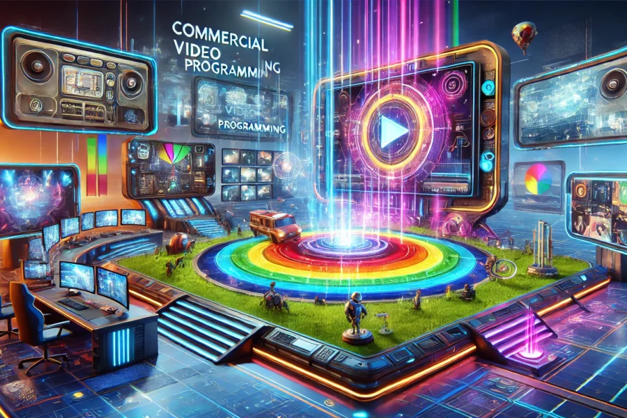 A digital art depicting a futuristic video production environment, featuring a central control desk surrounded by colorful screens and programming elements.