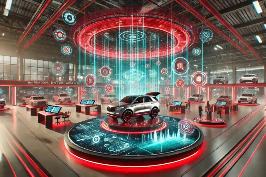 A futuristic auto showroom with advanced technology, featuring interactive displays, virtual reality test drives, and augmented reality elements. Engaging and dynamic environment.