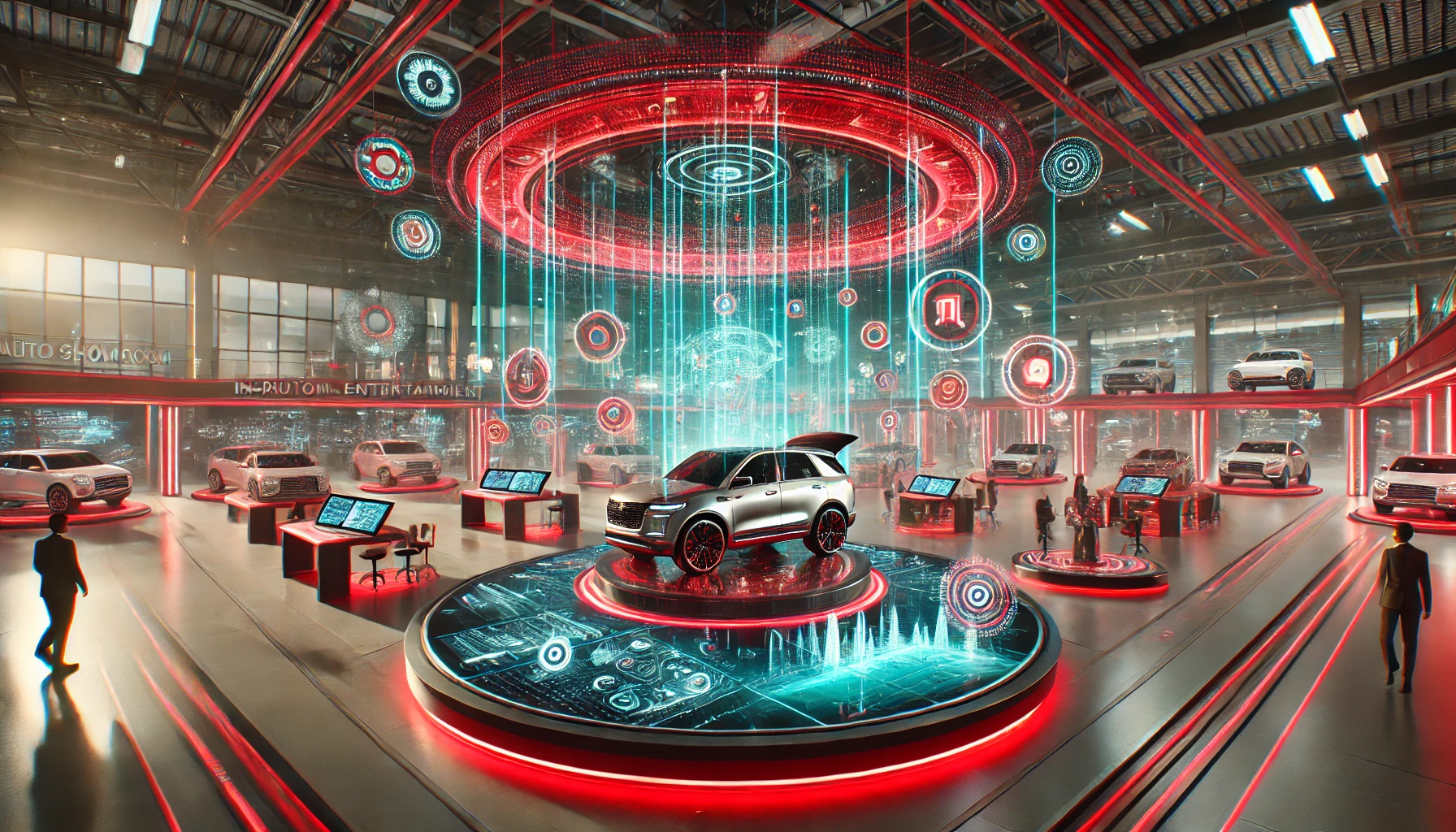 A futuristic auto showroom with advanced technology, featuring interactive displays, virtual reality test drives, and augmented reality elements. Engaging and dynamic environment.