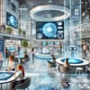 Futuristic retail environment with customers using VR, AR, and interactive screens, showcasing on-premise entertainment trends and immersive digital experiences.