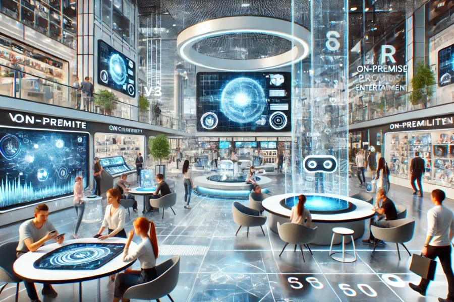 Futuristic retail environment with customers using VR, AR, and interactive screens, showcasing on-premise entertainment trends and immersive digital experiences.