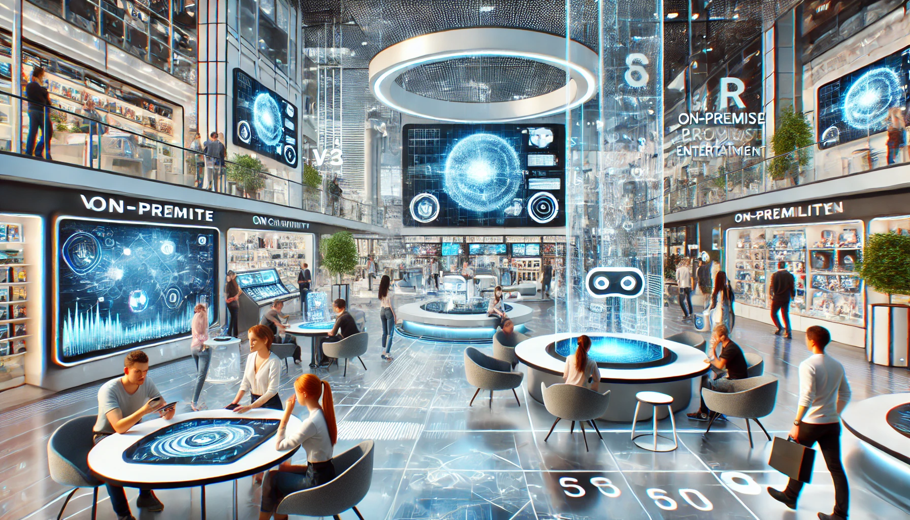 Futuristic retail environment with customers using VR, AR, and interactive screens, showcasing on-premise entertainment trends and immersive digital experiences.