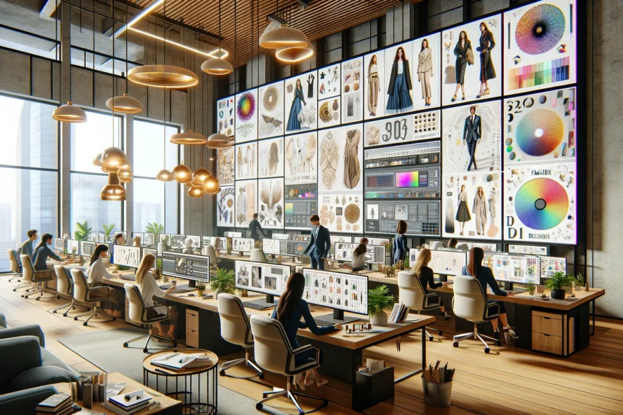 Revise the photorealistic 3D image to depict an office of a fashion and design company